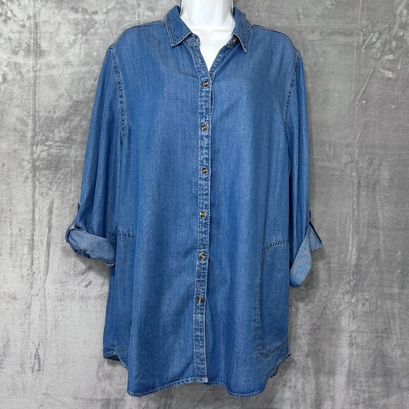 Chico's Denim Tunic in Indigo Roll Tab Sleeve Chico's Size 3 - Picture 1 of 8